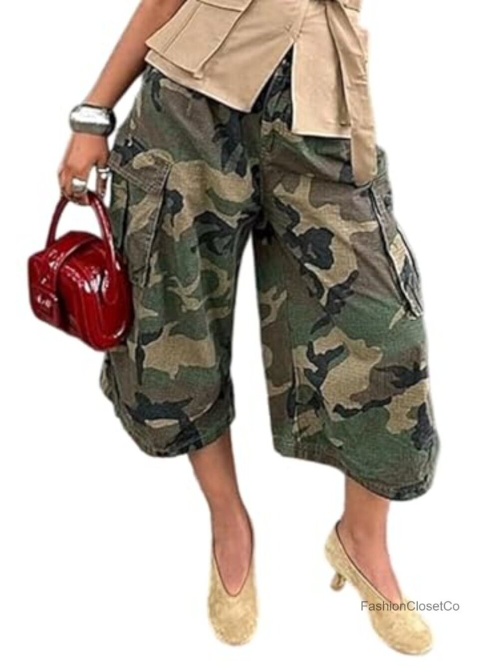 Women's High Waisted Wide Leg Camo Pants Baggy Y2K Army Fatigue Cropped Palazzo - Picture 1 of 6